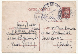 Entier 1,20 Pétain - Cachet Violet "Section Militaire De L' Hôpital Foch - Le Vaguemestre" Paris 1942 - WW II