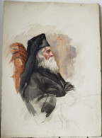 Equisse Aquarelle "Prêtre Orthodoxe Assis Dans Un Fauteuil, La Barbe Blanche, La Robe Et La Coiffe Noire". Signé. 1901 - Aquarel