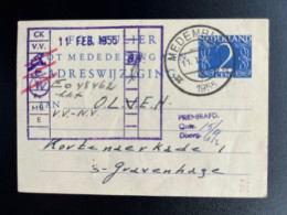 NETHERLANDS 1955 POSTCARD MEDEMBLIK TO 'S GRAVENHAGE 11-02-1955 NEDERLAND ADRESWIJZIGING - Briefe U. Dokumente