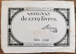 Assignat 5 Livres - 10 Brumaire L'an 2 - Série 19648 - Ariquey - Assignats & Mandats Territoriaux