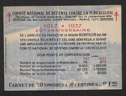 CARNET DE VIGNETTES - COMITE DE DEFENSE CONTRE LA TUBERCULOSE 1937 - FORMAT PLIE 13 X 9 CM - Cinderellas