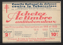 CARNET DE VIGNETTES - COMITE DE DEFENSE CONTRE LA TUBERCULOSE 1933 - FORMAT PLIE 13 X 9 CM - VIGNETTES COLLEES - Cinderellas