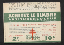 CARNET DE VIGNETTES - COMITE DE DEFENSE CONTRE LA TUBERCULOSE 1934 - FORMAT PLIE 13 X 9 CM - VIGNETTES COLLEES - Cinderellas