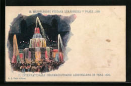 Künstler-AK Prag, II. Internationale Pharmaceutische Ausstellung 1896, Ausstellungshalle Und Fontäne Bei Nacht  - Expositions