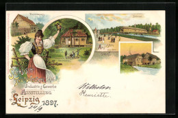 Lithographie Leipzig, Sächsisch-Thüringische Industrie- U. Gewerbe-Ausstellung 1897, Thüringer Waldhütte Im Dorf  - Expositions