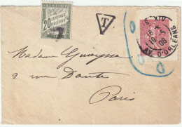 FRANCE - 1908 TAXE 20c Duval Sur Enveloppe Affranchie 10c Semeuse Lignée Découpée D'un ENtier Carte-Lettre (Invalide) - 1859-1959 Briefe & Dokumente