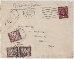 FRANCE - 1936 TAXE 1fr20c (2x10c & 1fr Duval) Sur Enveloppe Sous Affranchie De Londres à Montargis, Loiret - 1859-1959 Cartas & Documentos