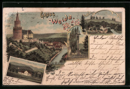 Lithographie Weida, Hohes Haus, Aumühle, Kriegerdenkmal, Schloss Osterburg  - Weida