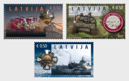 Latvia Lettland Lettonie 2019 100th Anniversary Of The Armed Forces Helicopter Tank Ship Set Of 3 Stamps MNH - Ships