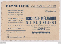 AGEN  - TRICOTAGE DU SUD OUEST - BONNETERIE  TRICOT A COTES - UNIS - JACQUARD - 4 RUE ALSACE LORRAINE - Cartes De Visite