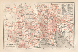 1890 Denmark, Christiania, Copenhagen, Carta Geografica Antica, Old City Plan, Plan De La Ville - Carte Geographique