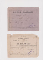 2 BULLETINS CLASSE 7e  LYCEE D'ORAN    07 X  1889   -  18 03 1890 - Diploma's En Schoolrapporten