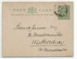 UK Britain PSC King Half Penny Lincoln 31oct1905 To Manchester - Luftpost & Aerogramme