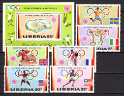 Liberia 1972  Olympic Games Munich, Football Soccer, Cycling, Equestrian Etc.set Of 6 + S/s MNH - Summer 1972: Munich