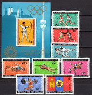 Mongolia 1972 Olympic Games Munich, Archery, Boxing, Judo, Wrestling Etc. Set Of 8 + S/s MNH - Zomer 1972: München