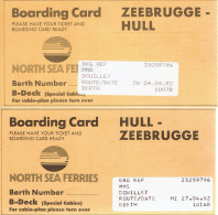 2 Cartes D'embarquement (Boarding Cards) Des North Sea Ferries De Zeebrugge à Hull Et Retour Avril 1992 - Europe