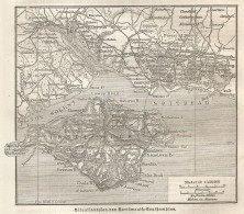 1890 United Kingdom, Portsmouth, Southampton, Carta Geografica Antica, Old Map, Carte Géographique Ancienne - Carte Geographique