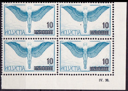 Schweiz Suisse 1938: Zu F 22.2.09 Mi 320 ABART PUNKT Yv PA22 VARIÉTÉ Block-Ecke IV.38. Coin Daté ** MNH (Zu CHF 11.50) - Variétés
