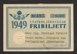 Suède Passe Chemin De Fer Première Classe 1949 Sweden Railway First Class Railroad Pass Train Sverige - Europa