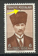 Turkey; 1939 1st Anniv. Of The Death Of Ataturk 6 K. "Printing Stain" - Unused Stamps