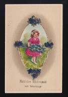 Mädchen Bringt Ein Bouqet Blumen, Veilchen Im Rahmen Passepartout, Beschriftet - Tegenlichtkaarten, Hold To Light