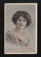 Frau Dunkle Locken, Blumenkleid Gold Glückwunsch Namenstag, Aachen 14.12.1912 - Contre La Lumière