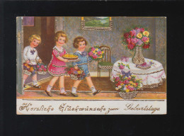 Mädchen Bringen Kuchen Und Blumen Sträuße, Glückwunsch Geburtstag, 18.10.1935 - Halt Gegen Das Licht/Durchscheink.