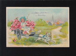 Mädchen Fährt Kutsche Hund, Blumen Geburtstag Glückwünsch, Rodewisch 10.2.1919 - Contraluz