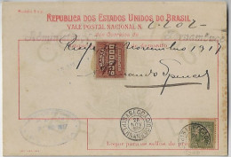 Brazil 1917 Money Order From Recife To Bahia Vale Postal Stamp 50,000 Reis + Definitive President Prudente De Morais - Brieven En Documenten