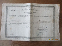 MARINE NATIONALE EQUIPAGES DE LA FLOTTE CERTIFICAT D'ADMISSIBILITE AU GRADE DE QUARTIER-MAÎTRE BREST LE 1er JUILLET 1901 - Documents