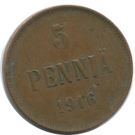 5 PENNIA 1916 FINLAND Coin RUSSIA EMPIRE #AB161.5.U.A - Finlande
