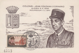Carte  Maximum  1er  Jour   ALGERIE   10éme   Anniversaire   Mort  Du   Colonel   COLONNA  D' ORNANO    1951 - Maximum Cards