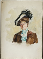 Aquarelle. "Femme Au Chapeau à Plume Et Foulard Bleu". Buste. Pas Signé. Attribué à Berthe Flournoy 1900. Ecole Suisse - Watercolours