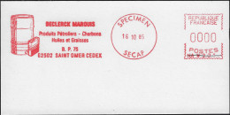 France 1985. EMA Empreinte De Machine à Affranchir Secap Spécimen. Declercx Marquis. Bidons De Pétrole, Charbons, Huiles - Oil