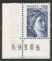 329 France Sabine De Gandon 70c Coin Numéroté MNH ** Neuf SC (606) - 1977-1981 Sabine (Gandon)