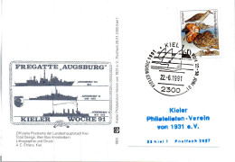 (Freg3) BRD Sonderkarte "Kieler Woche 1991" FREGATTE "AUGSBURG" F213 Kieler Woche 1991" EF BRD TSt 22.6.91 KIEL 1 - Ships