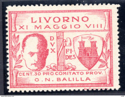 Visita Di Mussolini A Livorno - Francobollo Da Cent. 30 Opera Naz. Balilla - Mint/hinged