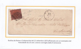 3010 - PONTIFICIO -Bustina Senza Testo Del 22 Settembre 1870 Da Roma A Civitavecchia Con Cent.10 Arancio Vermiglio. - Papal States