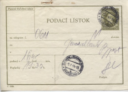 Slowakei Telegrammaufgabeschein CPL 2c Olivgrün Haupttelegraphenamt Bratislava 5.1.44 - Cartas & Documentos