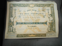 Part Fondateur Société Anonyme Du Bec Français Paris 1907 Eclairage - Electricity & Gas