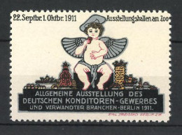 Reklamemarke Berlin, Allgemeine Ausstellung Des Deutschen Konditoren-Gewerbes 1911, Engel Sitzt Auf Einem Turm  - Erinnofilia