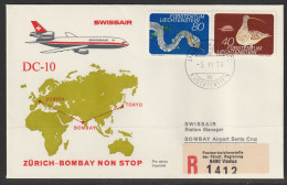1974, Swissair, Erstflug, Liechtenstein - Bombay - Luchtpostzegels