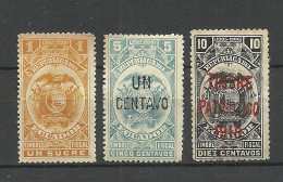 ECUADOR 1897-1910 Timbre Fiscal Taxe, 3 Stamps, * - Equateur