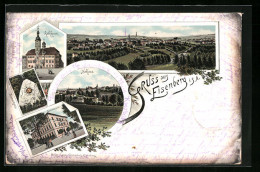 Lithographie Eisenberg, Gymnasium, Bismarckstein, Rathhaus  - Eisenberg