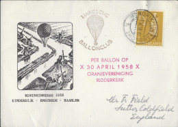 BALLON - CACHET HENDRIK IDO AMBACHT PAYS BAS 1958 - KONINGINNEDAG 1958, KINDEDIJK, ENSCHEDE, HAARLEM, DOCUMENT A VOIR - Airships