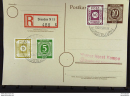 R-Gs-Postkarte Mit 10 Pf Ziffer In MiF SoSt. DRESDEN N 15 -AUSTELLUNG DAS NEUE DRESDEN (488t) 2.10.46 Knr: P 952, Ua. - Cartas & Documentos