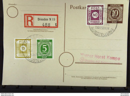 R-Gs-Postkarte Mit 10 Pf Ziffer In MiF SoSt. DRESDEN N 15 -AUSTELLUNG DAS NEUE DRESDEN (488t) 2.10.46 Knr: P 952, Ua. - Storia Postale