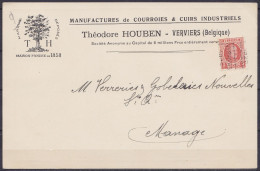 Carte Pub "Manufactures De Courroies & Cuirs Industriels T. Houben" Affr. PREO 3c Houyoux Brun-rouge [VERVIERS / 1925] P - Tipo 1922-31 (Houyoux)