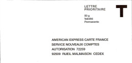 France Entier-P N** (7007) American Express Carte France Lettre Prioritaire 50g V.perma - Buste Risposta T