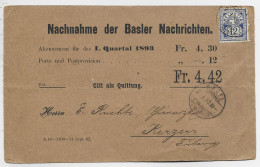 HELVETIA SUISSE 12C GRANDES DENTELURES SEUL CARTE PRIVEE NACHNAHME BASEL 2.1.1893 TO FRIBOURG - Cartas & Documentos